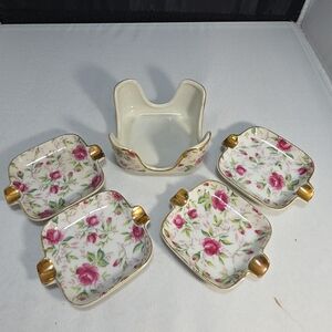 Vintage Lefton China Hand Painted Ashtray Set 4 Ashtrays & Holder Floral (AB)